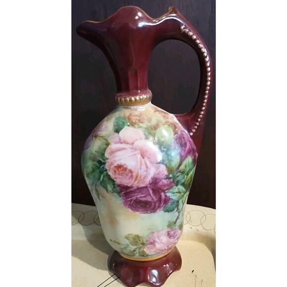 M. Stroud Porcelain Vase Pitcher Hand Painted Roses Maroon Gold Pink Footed - Picture 1 of 10